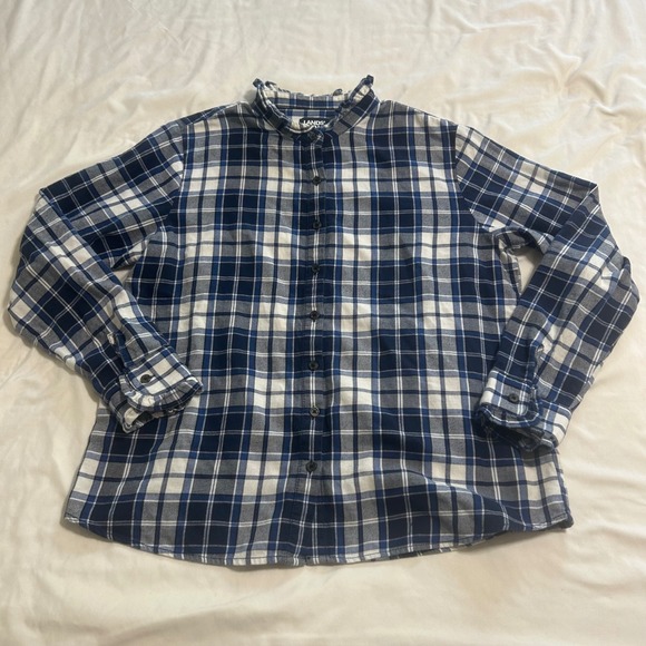 Lands' End Tops - Lands End Womens Blue White Plaid Ruffle Collar Flannel Shirt Petite Medium